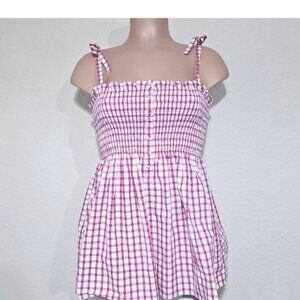 Liz Claiborne Smocked Tie Shoulder Top Pink White Plaid Checks Cami